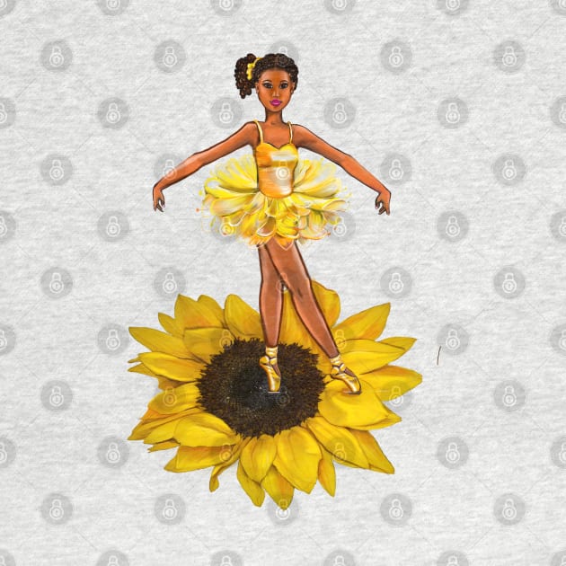 Ballet sunflower dance - black ballerina  in yellow tutu - brown skin ballerina on a flower by Artonmytee